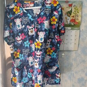 Dickies Blue and Yellow Scrub Top with Playful Animal Print